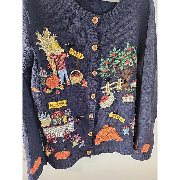 Vtg Northern Isles Cardigan Sweater Embroidered Fall Pumpkin Fruit Womens XL - Picture 2 of 8